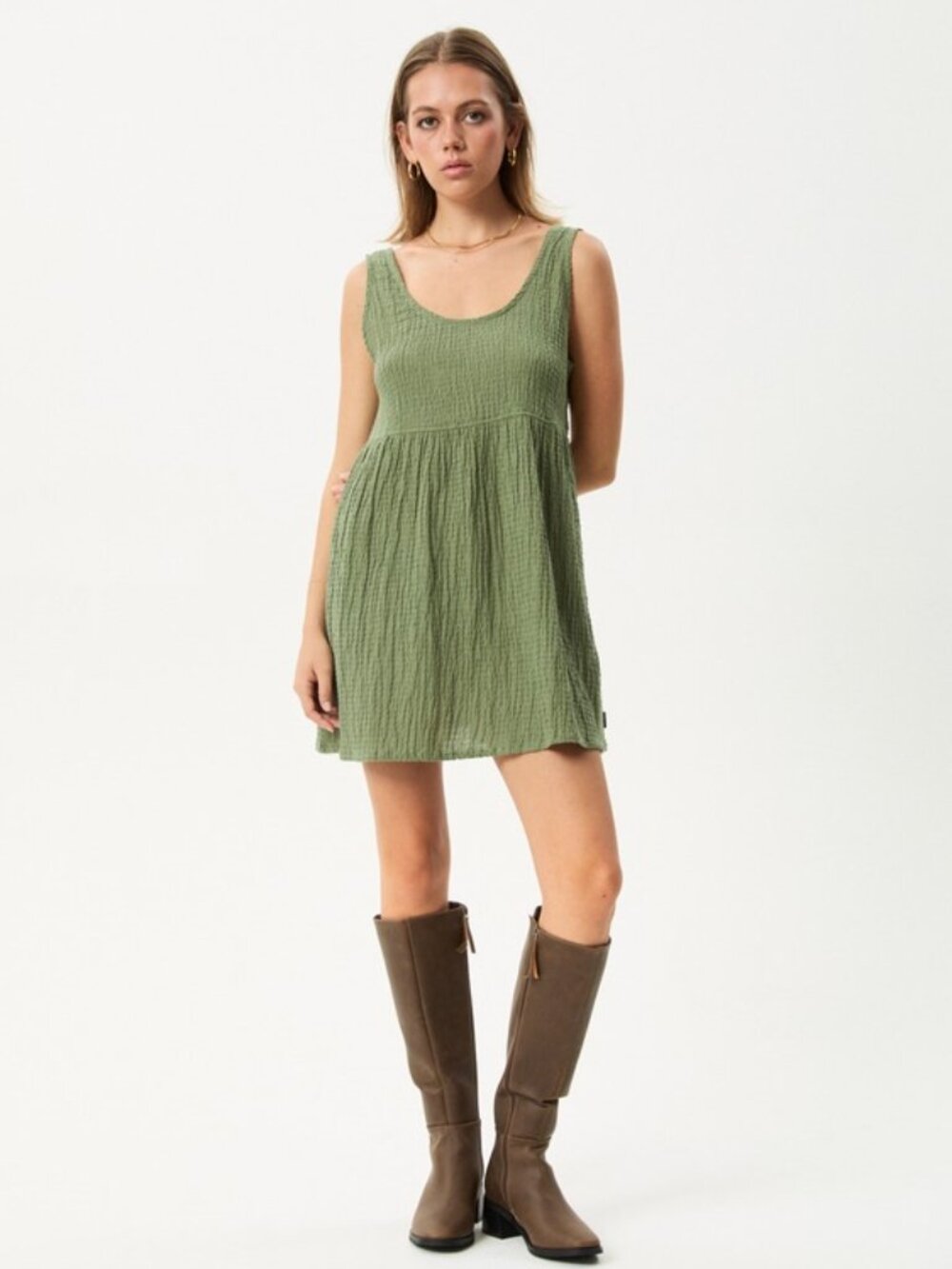 Afends Jesse Seersucker Mini Dress - Oil Green - Size Medium